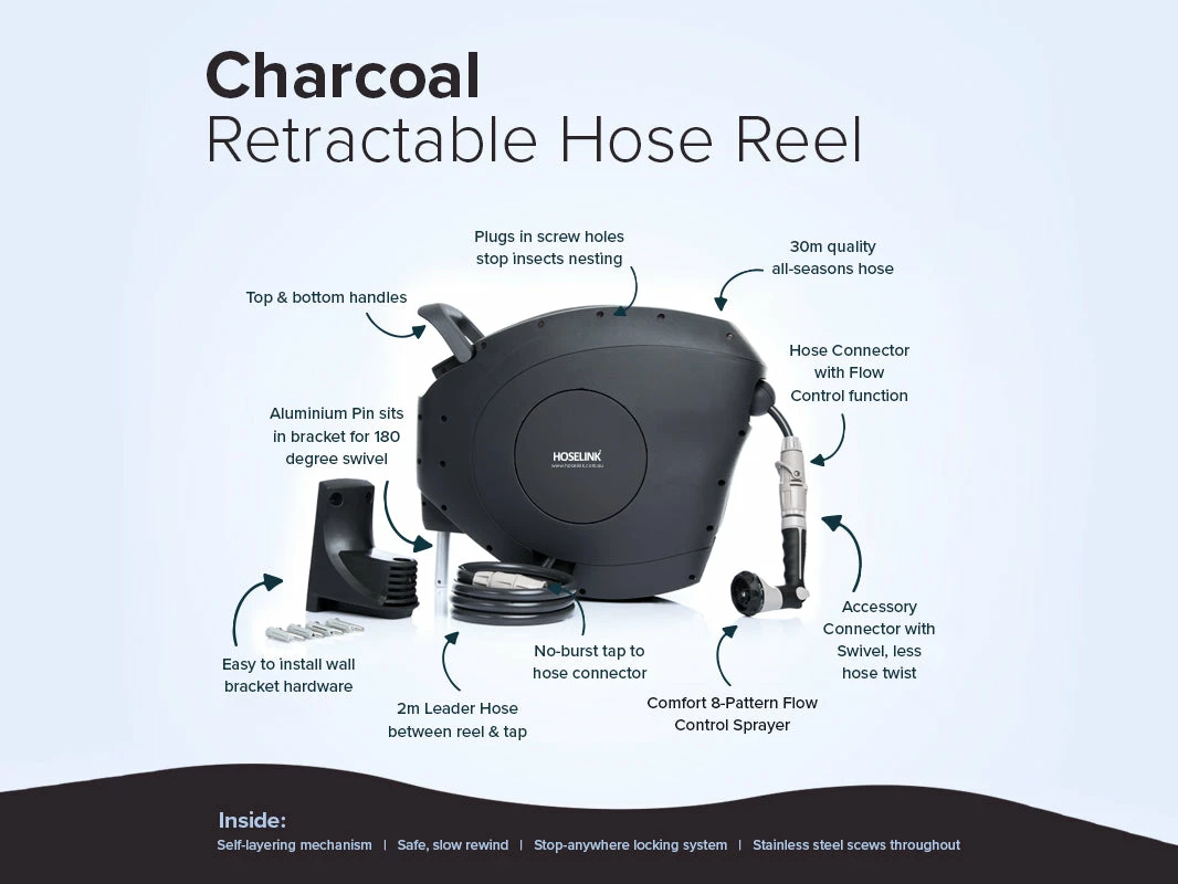 Hoselink Hoses & Sprinklers 20m Retractable Hose Reel - Charcoal 6 Hoselink Hoses & Sprinklers 20m Retractable Hose Reel - Charcoal